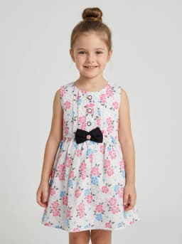 Girls White Floral Print Sleeveless Frock with Black Bow