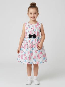 Girls White Floral Print Sleeveless Frock with Black Bow