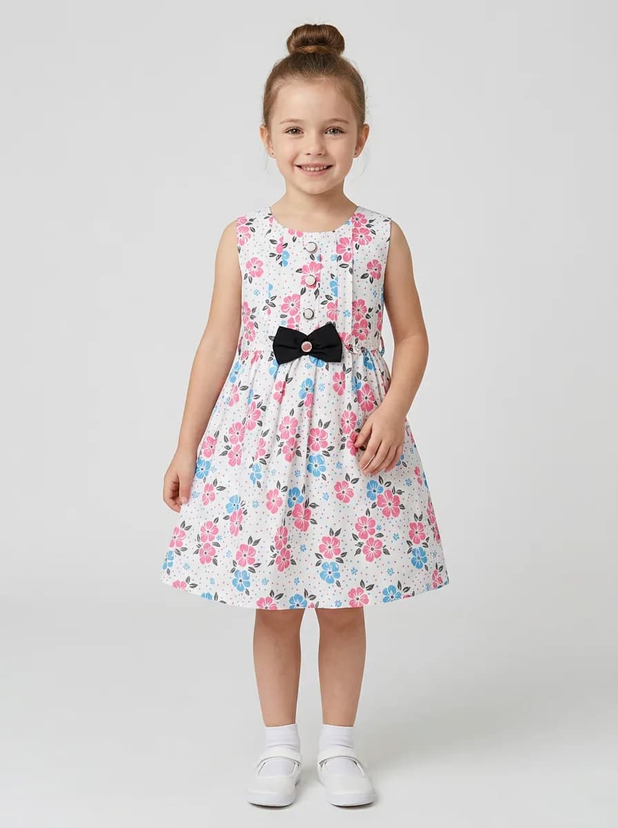 Girls White Floral Print Sleeveless Frock with Black Bow