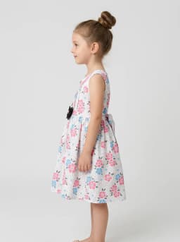 Girls White Floral Print Sleeveless Frock with Black Bow