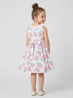 Girls White Floral Print Sleeveless Frock with Black Bow