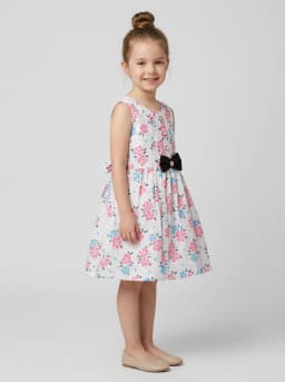 Girls White Floral Print Sleeveless Frock with Black Bow