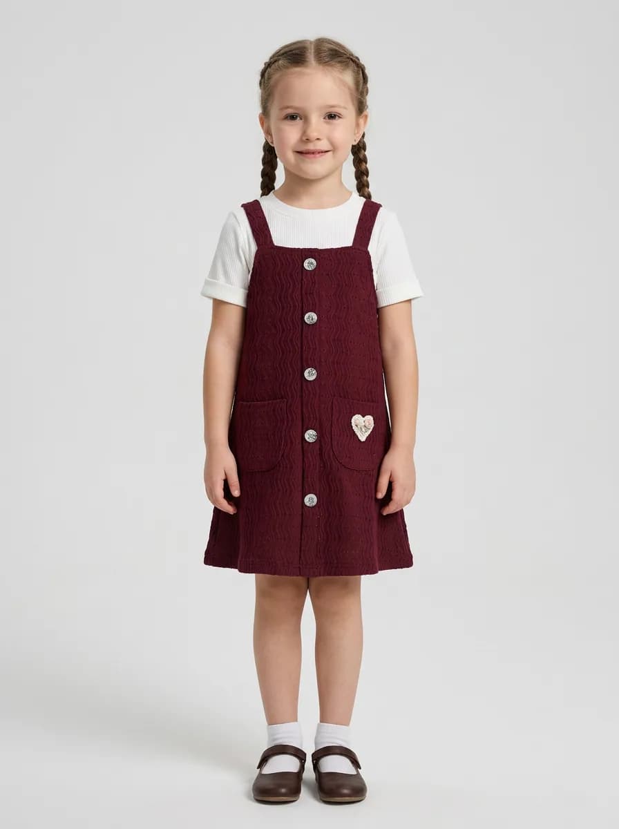 Girls Wine Red Textured Pinafore Dress with White Ribbed Top Set