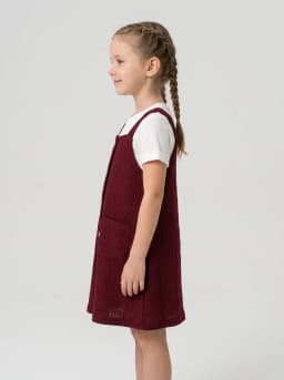 Girls Wine Red Textured Pinafore Dress with White Ribbed Top Set