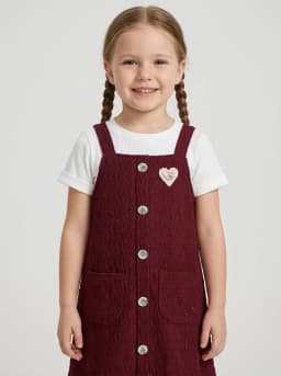 Girls Wine Red Textured Pinafore Dress with White Ribbed Top Set
