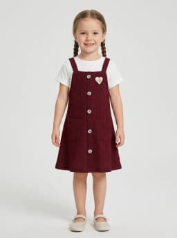 Girls Wine Red Textured Pinafore Dress with White Ribbed Top Set