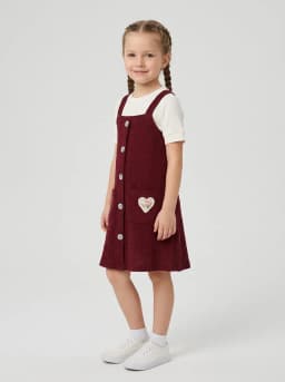 Girls Wine Red Textured Pinafore Dress with White Ribbed Top Set