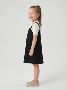 Girls Black Textured Pinafore Dress with Off-White Ribbed T-Shirt Set
