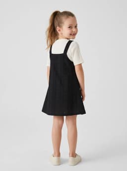 Girls Black Textured Pinafore Dress with Off-White Ribbed T-Shirt Set