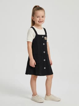 Girls Black Textured Pinafore Dress with Off-White Ribbed T-Shirt Set