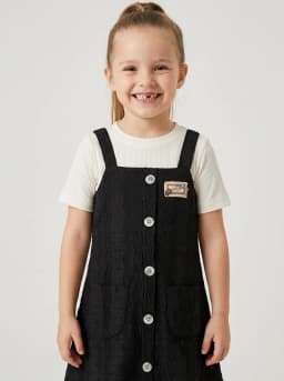 Girls Black Textured Pinafore Dress with Off-White Ribbed T-Shirt Set
