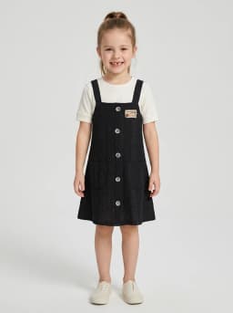 Girls Black Textured Pinafore Dress with Off-White Ribbed T-Shirt Set
