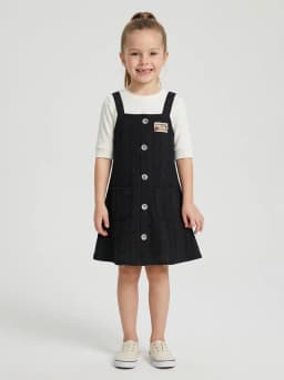 Girls Black Textured Pinafore Dress with Off-White Ribbed T-Shirt Set