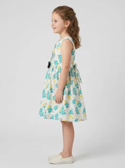 Girls White Floral Print Sleeveless Fit and Flare Dress with Bow