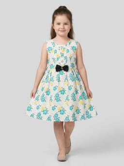 Girls White Floral Print Sleeveless Fit and Flare Dress with Bow