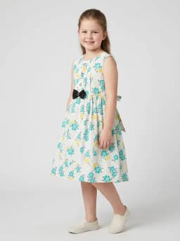 Girls White Floral Print Sleeveless Fit and Flare Dress with Bow