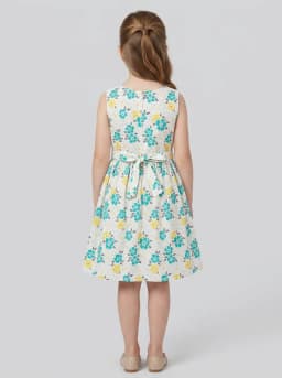 Girls White Floral Print Sleeveless Fit and Flare Dress with Bow
