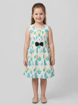 Girls White Floral Print Sleeveless Fit and Flare Dress with Bow