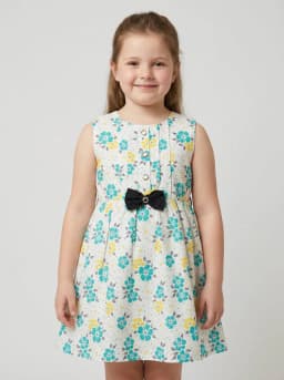Girls White Floral Print Sleeveless Fit and Flare Dress with Bow