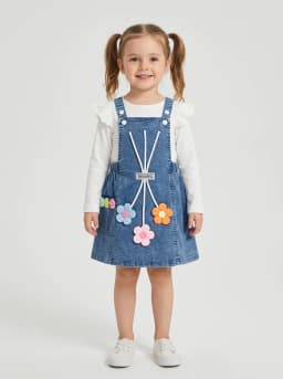Girls Mid-Blue Stonewash Denim Pinafore Dress and White Ribbed Top Set