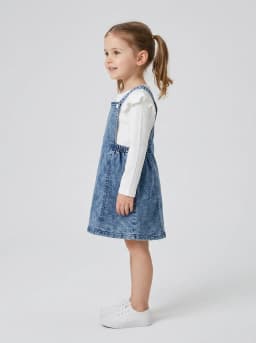 Girls Mid-Blue Stonewash Denim Pinafore Dress and White Ribbed Top Set