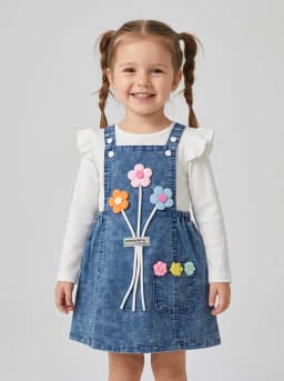 Girls Mid-Blue Stonewash Denim Pinafore Dress and White Ribbed Top Set