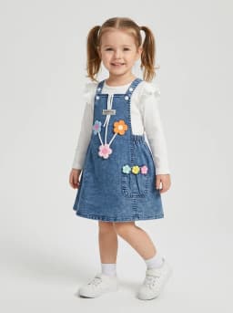 Girls Mid-Blue Stonewash Denim Pinafore Dress and White Ribbed Top Set