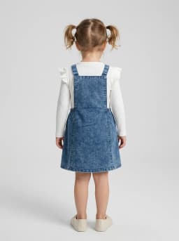 Girls Mid-Blue Stonewash Denim Pinafore Dress and White Ribbed Top Set