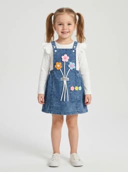 Girls Mid-Blue Stonewash Denim Pinafore Dress and White Ribbed Top Set