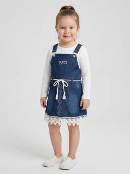 Girls White Ribbed Top and Dark Blue Washed Denim Pinafore Dress Set