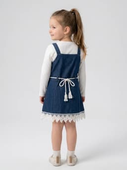 Girls White Ribbed Top and Dark Blue Washed Denim Pinafore Dress Set