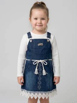 Girls White Ribbed Top and Dark Blue Washed Denim Pinafore Dress Set