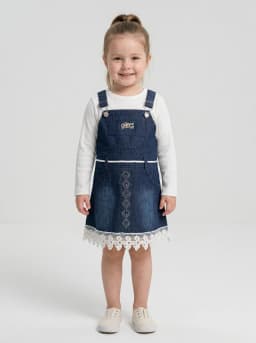Girls White Ribbed Top and Dark Blue Washed Denim Pinafore Dress Set