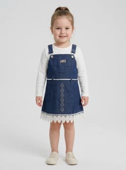 Girls White Ribbed Top and Dark Blue Washed Denim Pinafore Dress Set