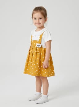 Girls Mustard Yellow Heart Print Pinafore Style Dress with Lace Collar