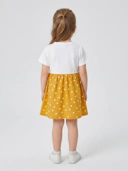 Girls Mustard Yellow Heart Print Pinafore Style Dress with Lace Collar