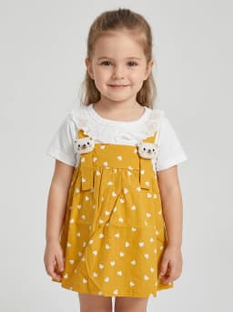 Girls Mustard Yellow Heart Print Pinafore Style Dress with Lace Collar