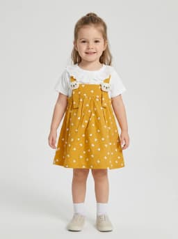 Girls Mustard Yellow Heart Print Pinafore Style Dress with Lace Collar
