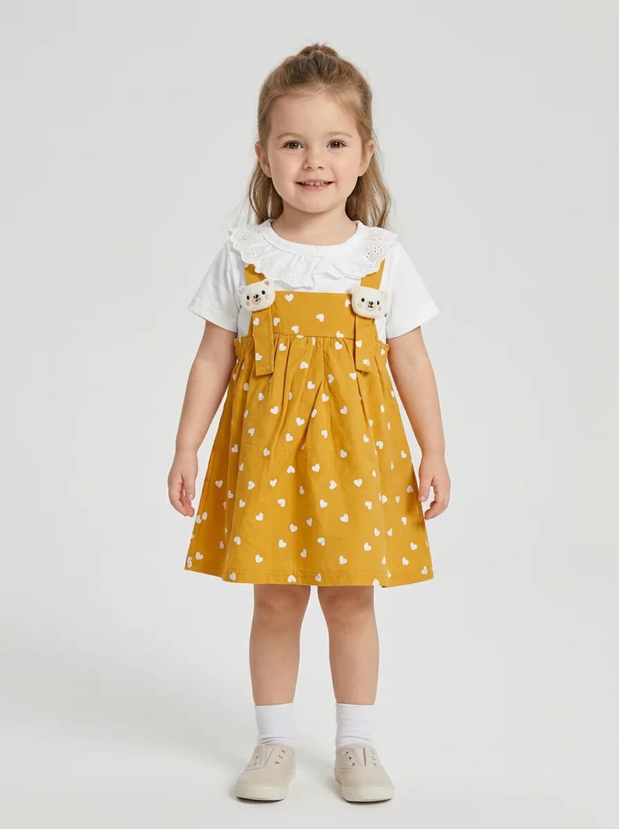 Girls Mustard Yellow Heart Print Pinafore Style Dress with Lace Collar