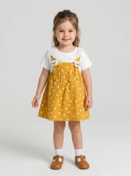 Girls Mustard Yellow Heart Print Pinafore Style Dress with Lace Collar