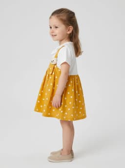 Girls Mustard Yellow Heart Print Pinafore Style Dress with Lace Collar