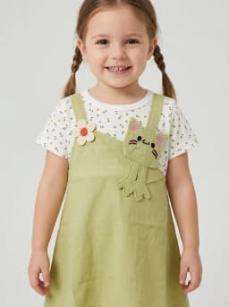 Girls Light Olive Green and White Floral Mock Pinafore Dress