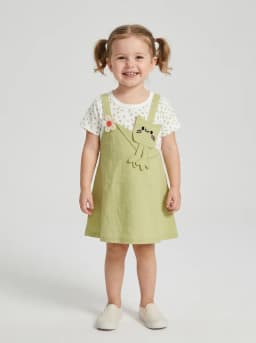 Girls Light Olive Green and White Floral Mock Pinafore Dress