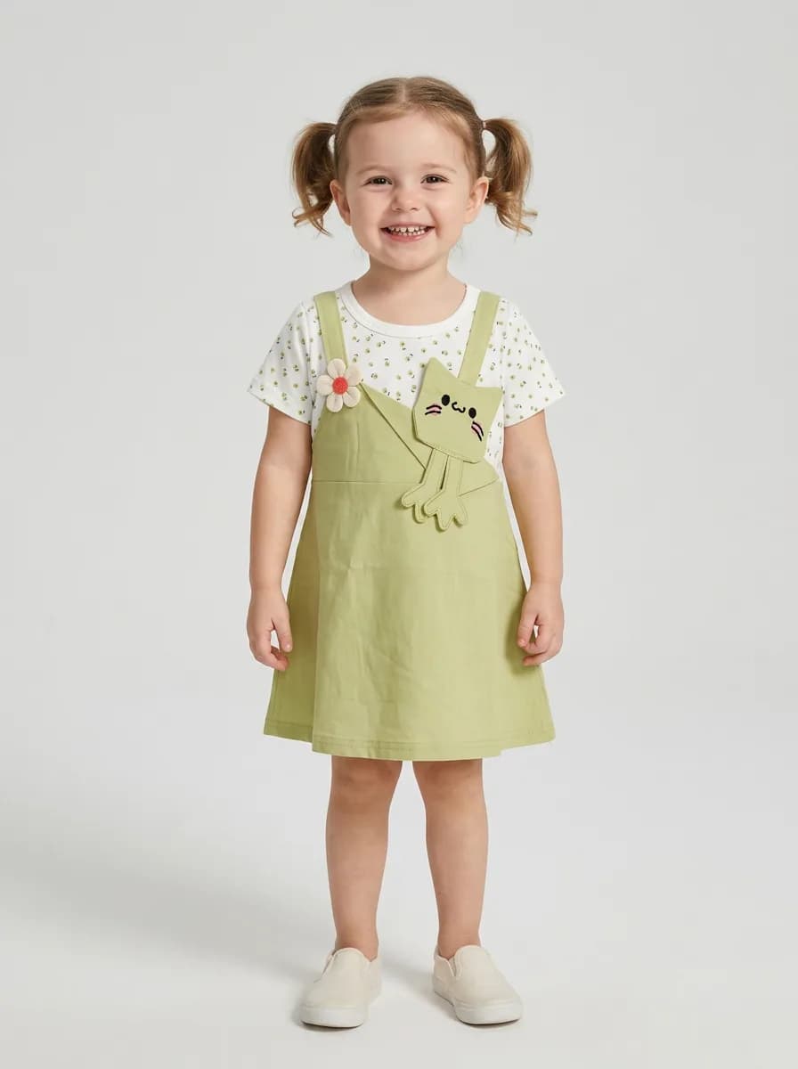 Girls Light Olive Green and White Floral Mock Pinafore Dress
