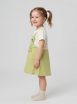 Girls Light Olive Green and White Floral Mock Pinafore Dress
