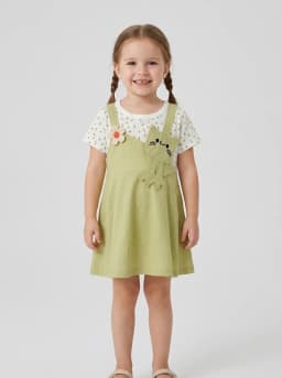 Girls Light Olive Green and White Floral Mock Pinafore Dress