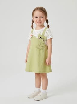 Girls Light Olive Green and White Floral Mock Pinafore Dress