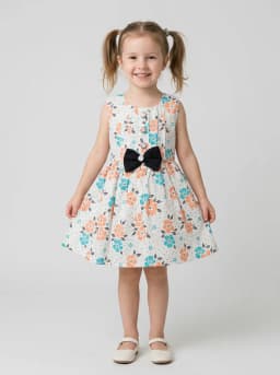 Girls White Floral Print Sleeveless Frock with Black Bow Accent