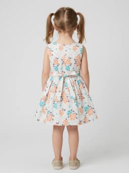 Girls White Floral Print Sleeveless Frock with Black Bow Accent