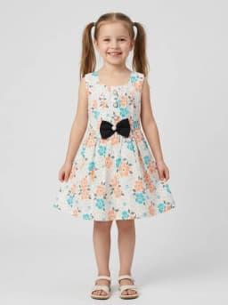 Girls White Floral Print Sleeveless Frock with Black Bow Accent
